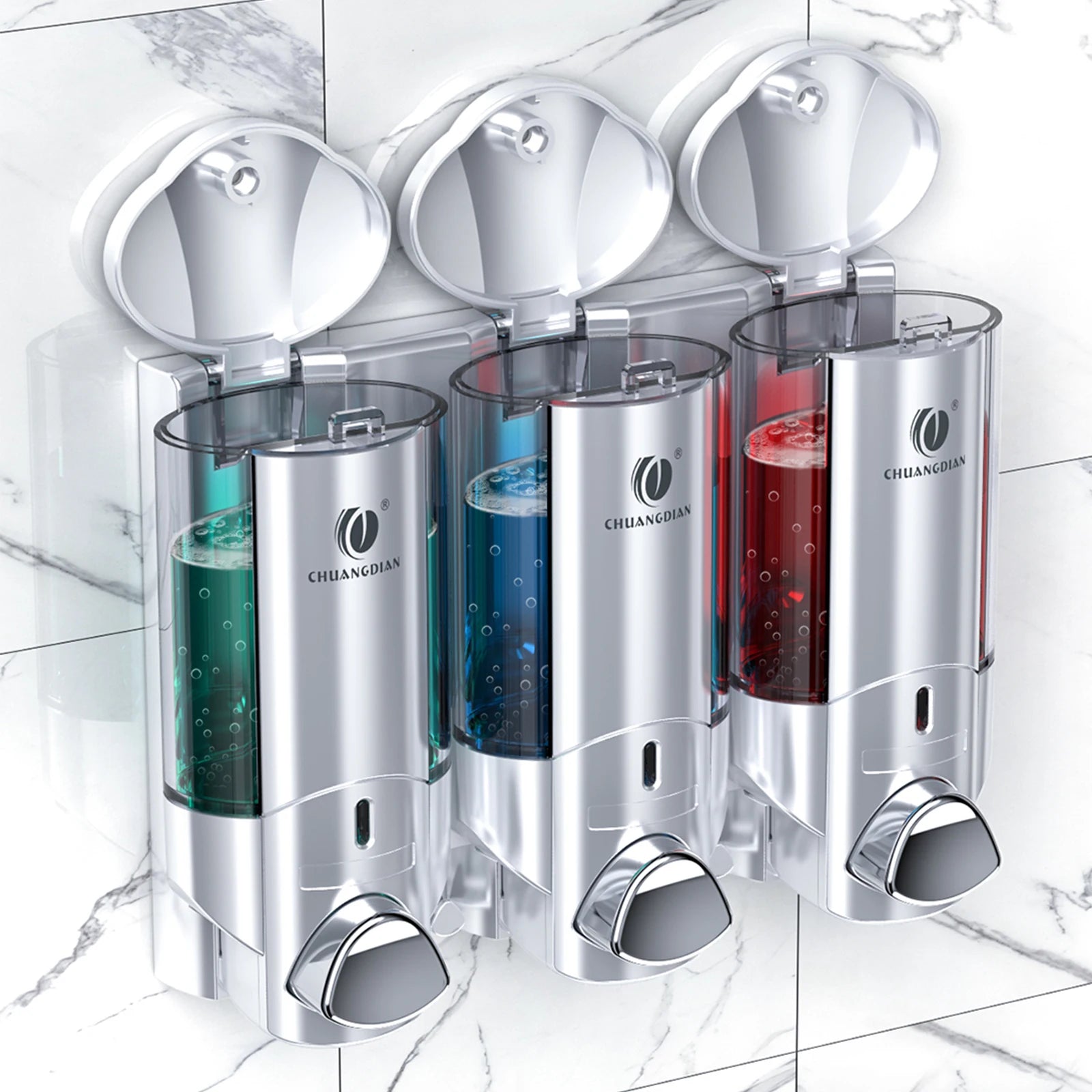 Wall Mounted Shampoo Conditioner Dispenser Open Lids